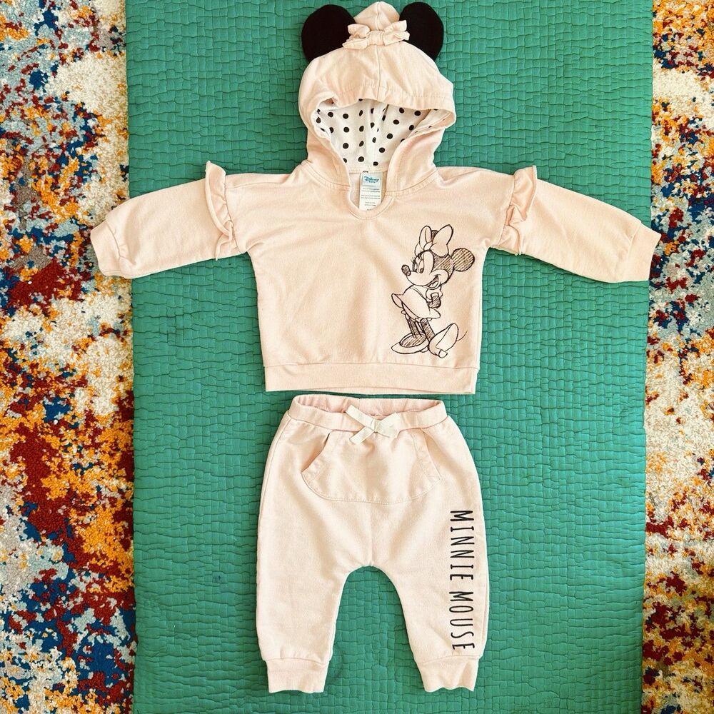 Disney Baby Minnie Mouse Light Pink Ears Hoodie Sweat Pants Set Bow Ruffle 12M